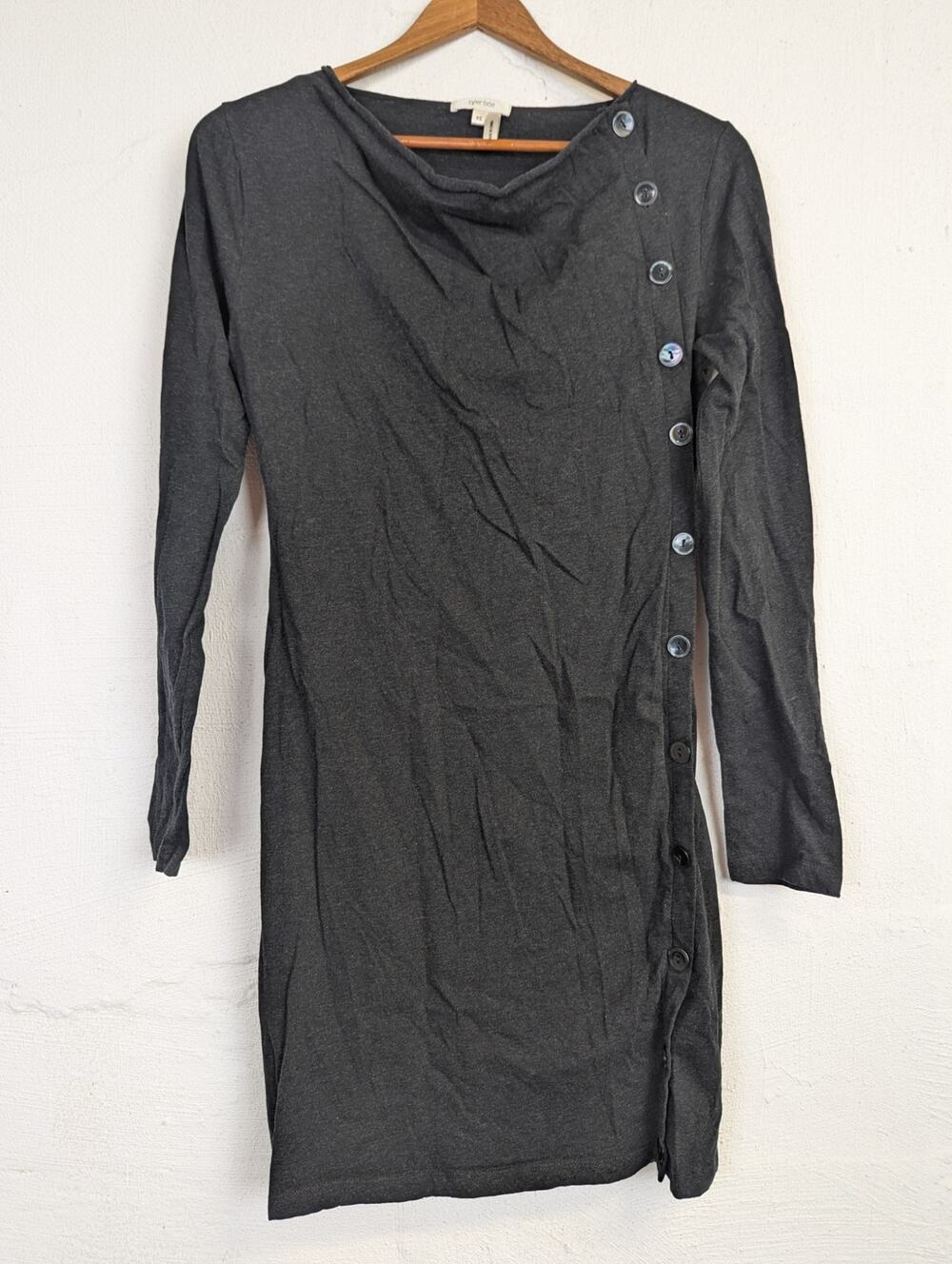 Tyler Boe Midi Dress Black Long Sleeve Knit Diagonal Side Buttons Womens XS